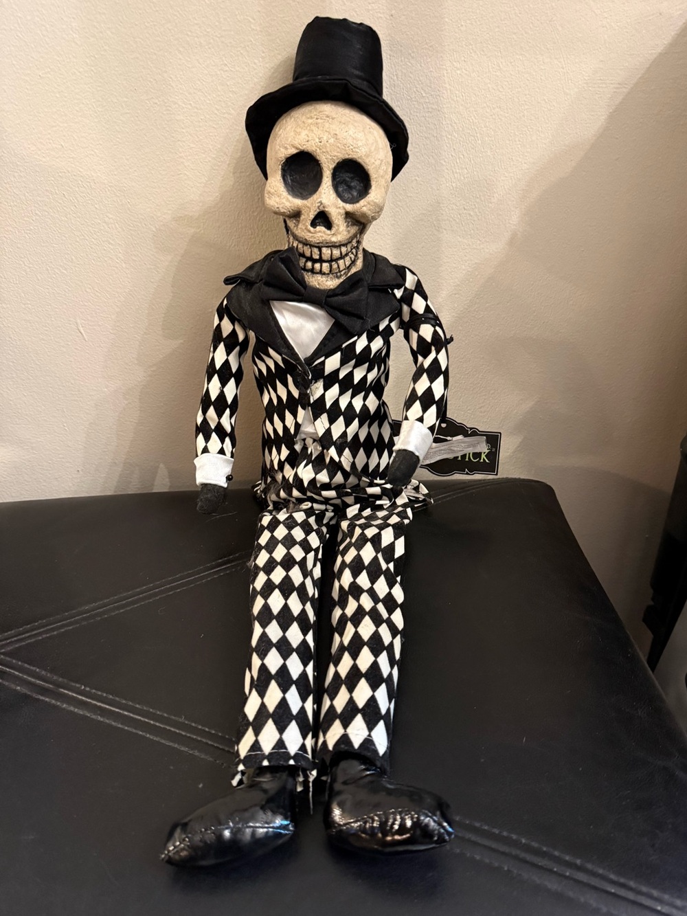 NWT Halloween Harlequin Skeleton Doll with Bow Tie and Hat